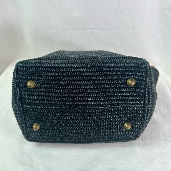 Dillard's VTG Black Fiber & Brown Genuine Leather Trim Hand Bag Tote Purse Italy - Picture 3 of 10